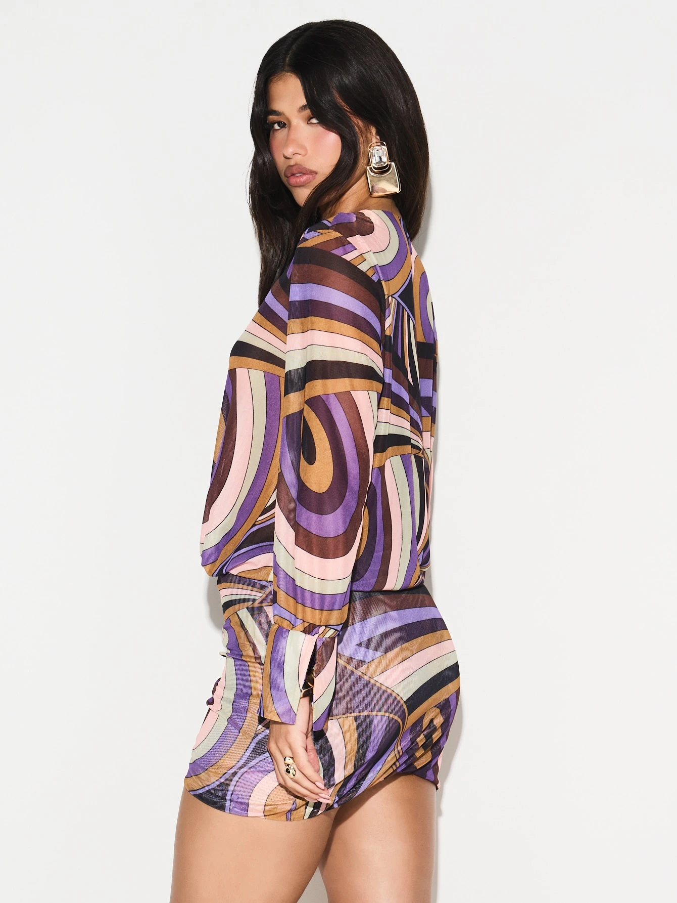 KIZN Cowl Neck Swirl Print Mesh Mini Dress