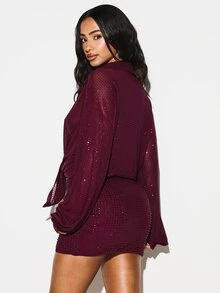 KIZN Chân váy ngắn lưới đính sequin màu đỏ tía, cạp cao, ôm sát cơ thể, thích hợp cho các buổi tiệc tối. - Đỏ - Xem 5