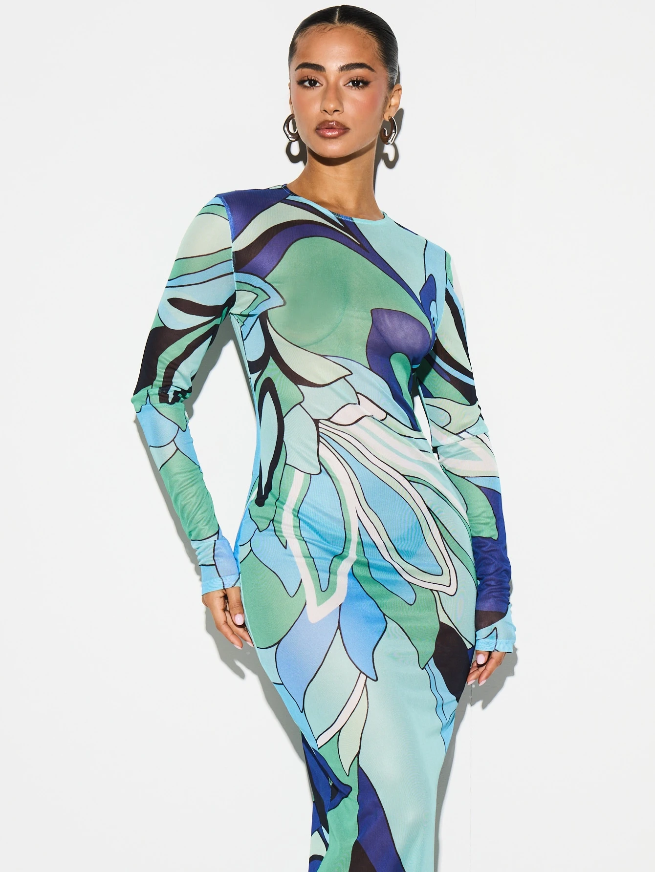 KIZN Abito lungo aderente con stampa astratta a maniche lunghe