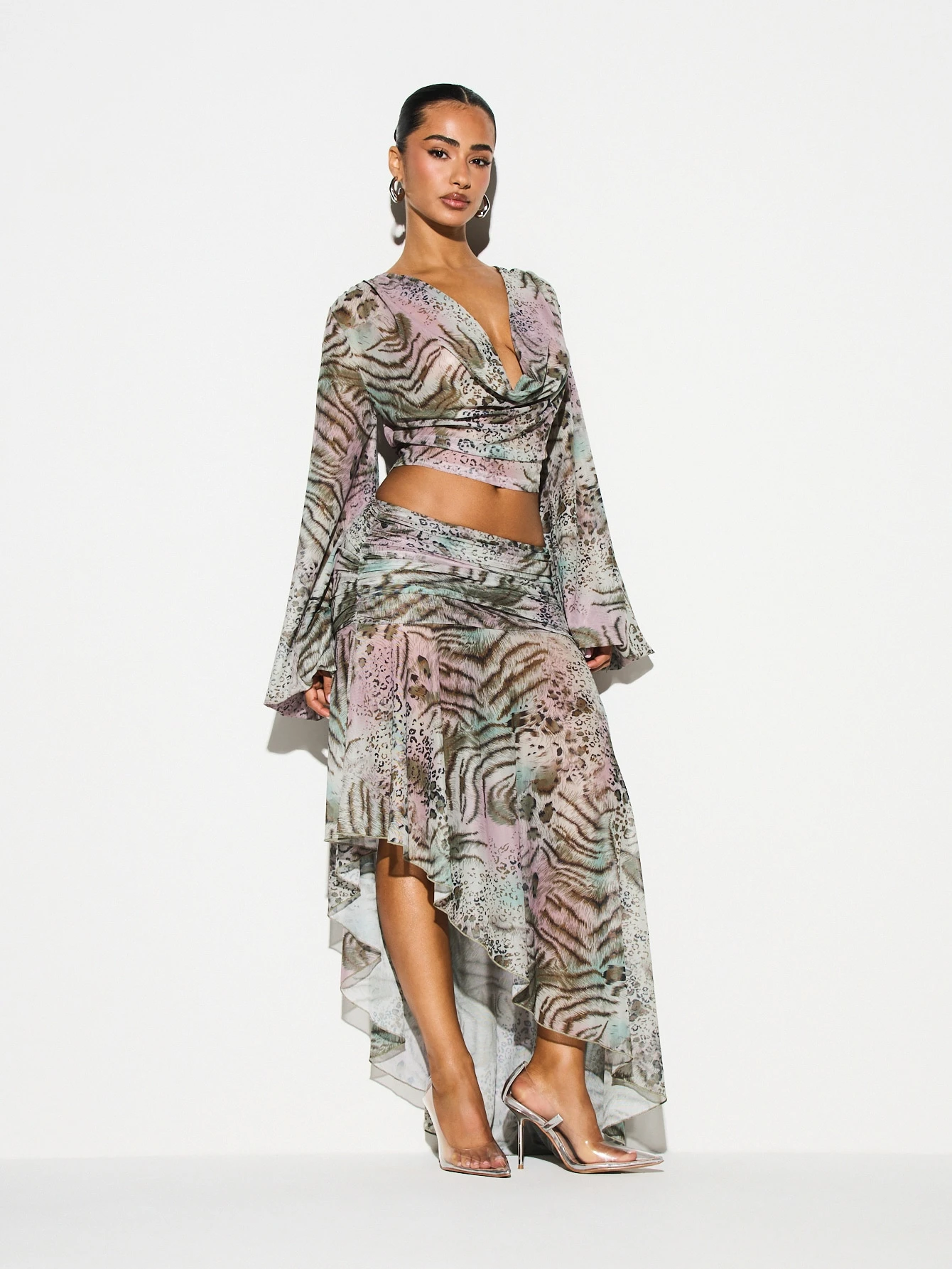 KIZN Mixed Animal Print Cowl Neck Balloon Sleeve Blouse