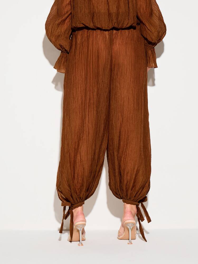 KIZN Women's Brown Balloon Pants With Tie Cuff Details And Gathered Elastic Waist