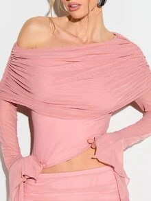 KIZN Women's Off Shoulder Ruched Pink Long Sleeve Top With Tied Sleeves And Cutout Waist Detail - Pink - View 5