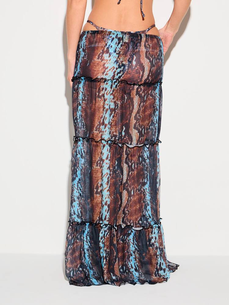KIZN Snake Print Tiered Maxi Skirt With Ruffles