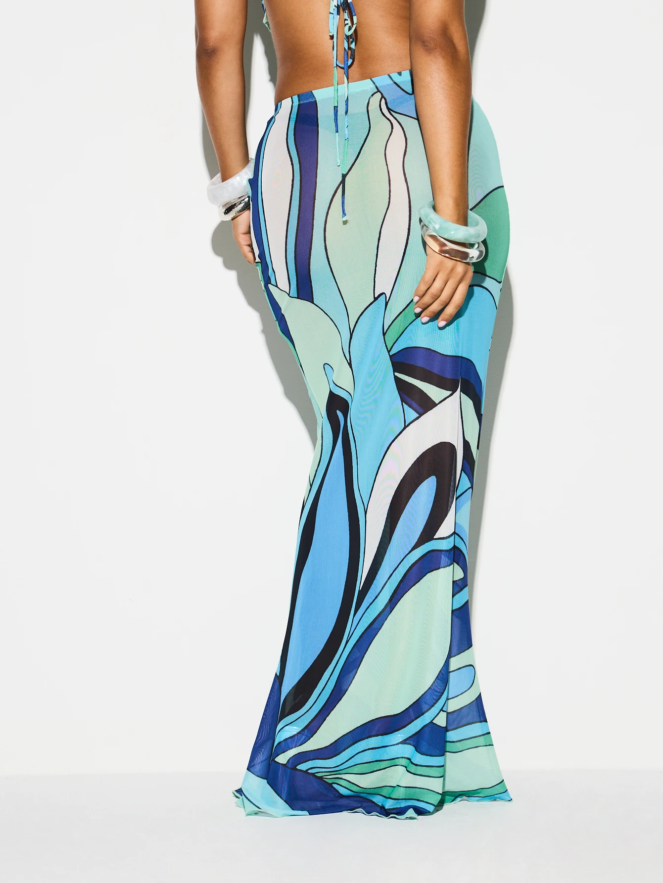 KIZN Gonna lunga in rete con stampa astratta e orlo arricciato