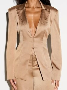 KIZN Women's Satin Plunge Front Cinched Waist Blazer With Tailored Lapels And Button Closure For Professional Business Formal Office Wear - Apricot - View 2