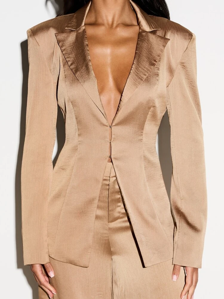 KIZN Women's Satin Plunge Front Cinched Waist Blazer With Tailored Lapels And Button Closure For Professional Business Formal Office Wear