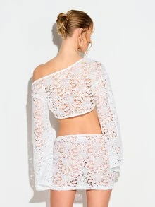 KIZN Off Shoulder Long Sleeve White Crochet Flower Pattern Crop Top For Women - White - View 2