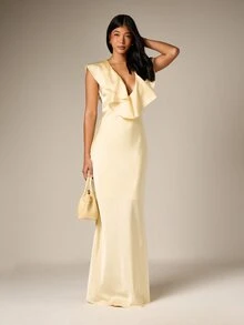 AiiRZ Lace Trim Satin Mini Dress With Halter Neck And Asymmetric Draping Detail For Spring Summer Wedding Guest Party Occasions - Yellow - View 1