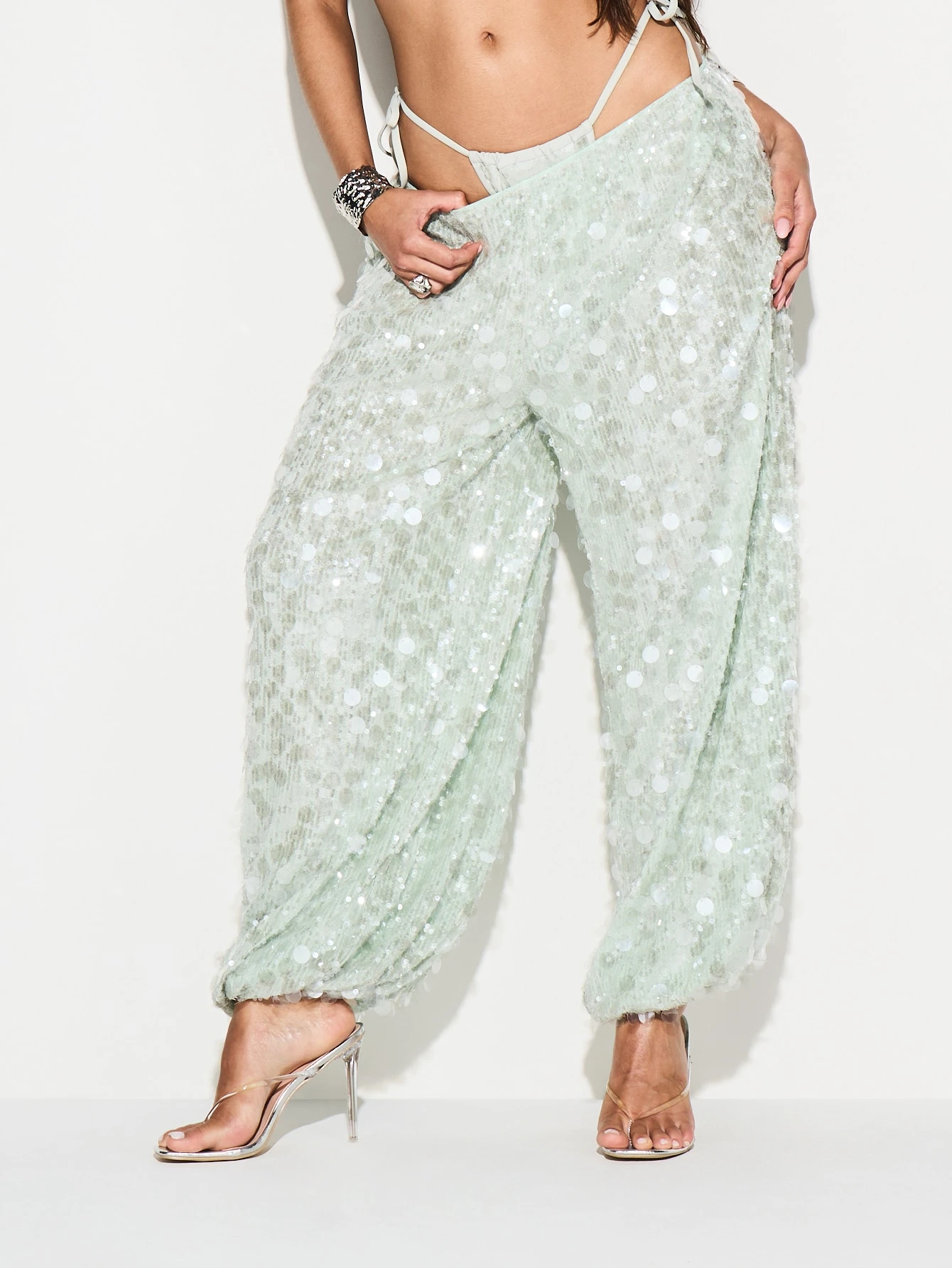 KIZN Pantalon palazzo large à paillettes transparentes