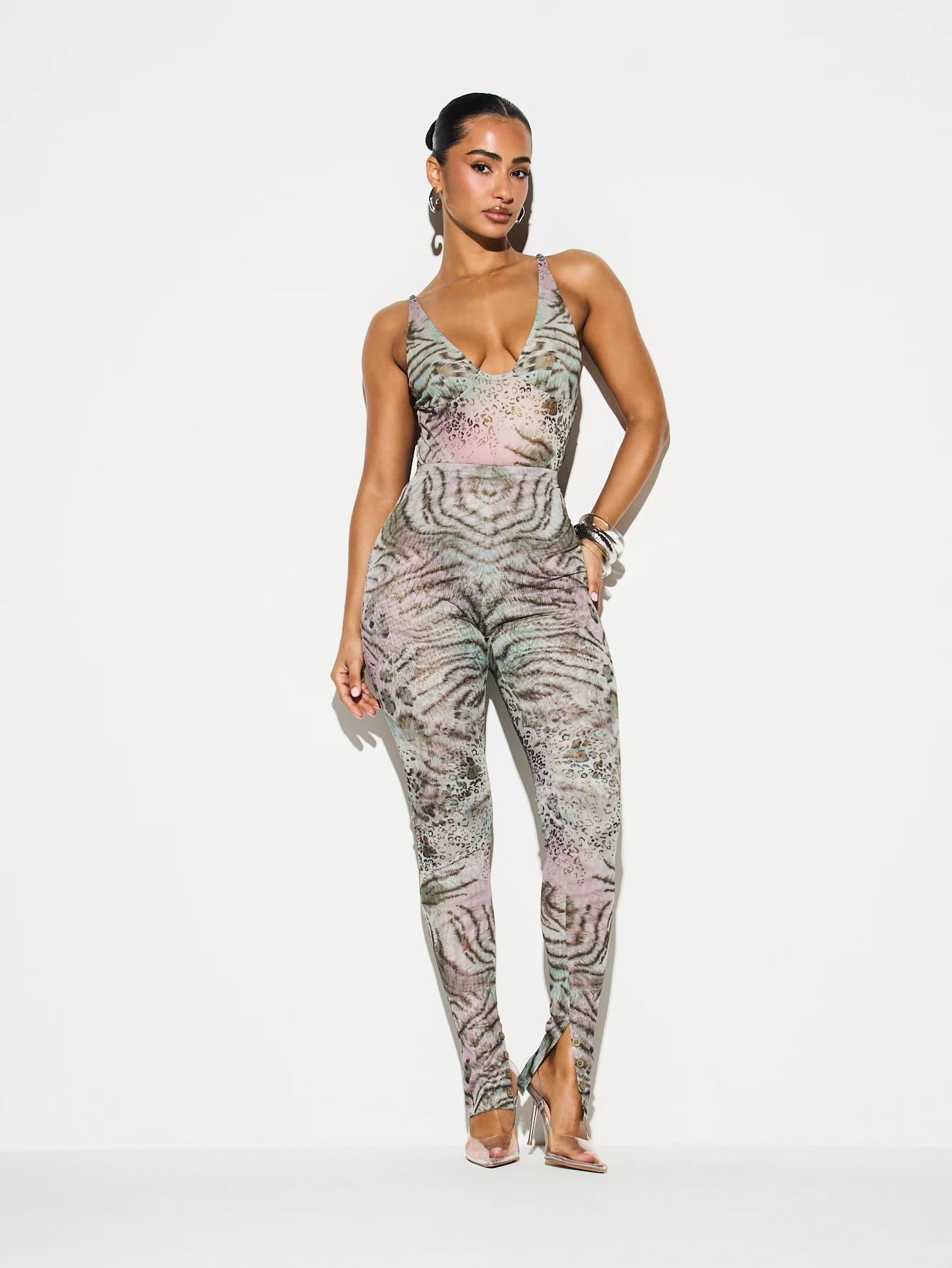 KIZN Mixed Animal Print Plunge Neck Bodysuit