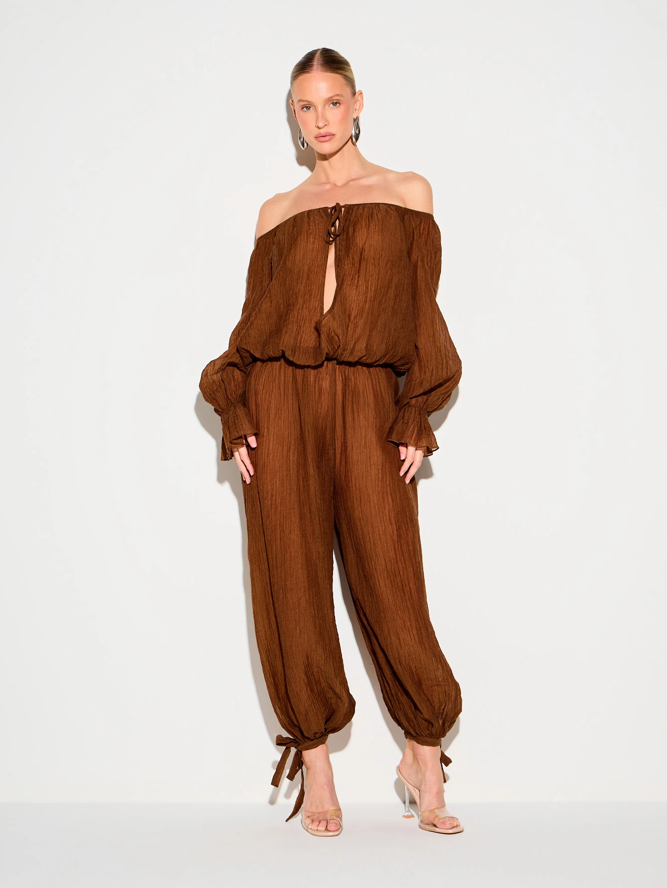 KIZN Off Shoulder Sheer Blouse With Bell Sleeves