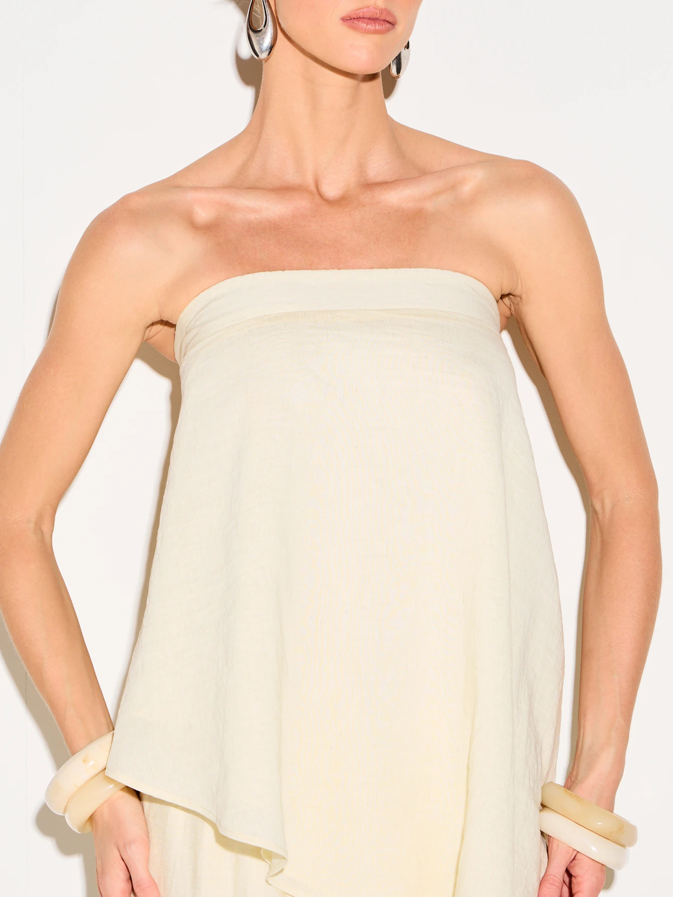 KIZN Strapless Linen Asymmetric Top With Ruffles