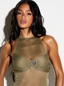 KIZN Đầm maxi nữ màu xanh ô liu cổ yếm, chất liệu móc len, đính đá, thiết kế quấn quanh eo, viền tua rua, thích hợp cho tiệc tùng, dạ hội, các dịp trang trọng, dáng ôm sát. - màu xanh lá - Xem 4