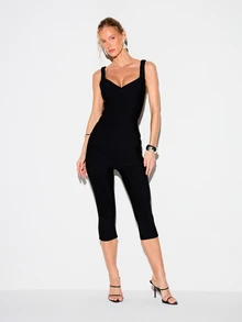 KIZN 女士黑色绷带连体衣，心形领口，七分裤长，无袖修身连体裤，适合晚宴派对和特殊场合 - 黑色 - 查看 1