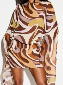 KIZN Swirl Print Boat Neck Open Back Mini Dress With Long Bell Sleeves And Belted Waist For Party Evening Cocktail Events - Multicolor - View 4