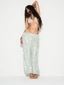 KIZN Sequin Embellished Sheer Wide Leg Palazzo Pants With Tie Waist Detail For Party Festival Evening Occasions - Green - View 3