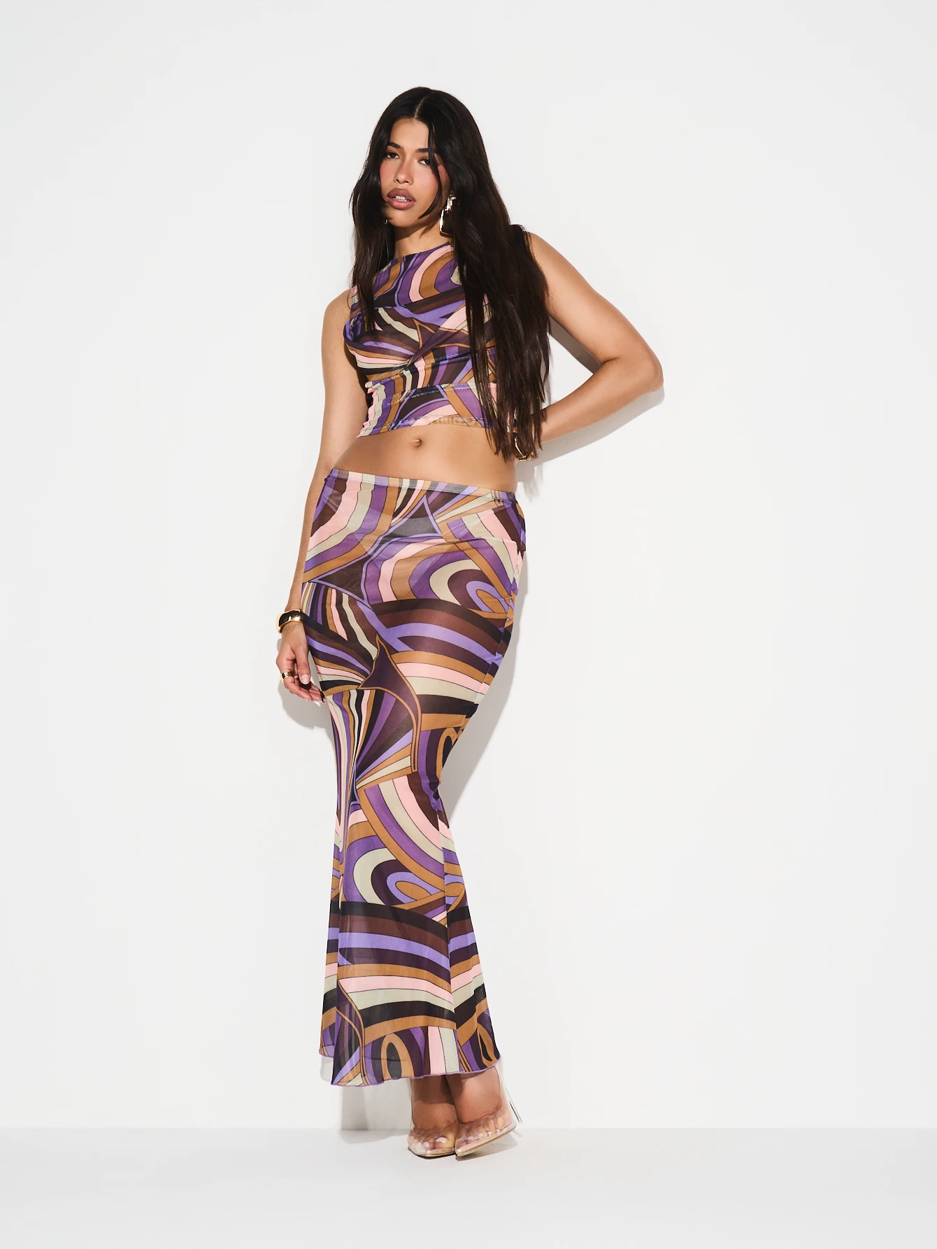 KIZN Swirl Print Mesh Maxi Skirt With Ruffle Hem
