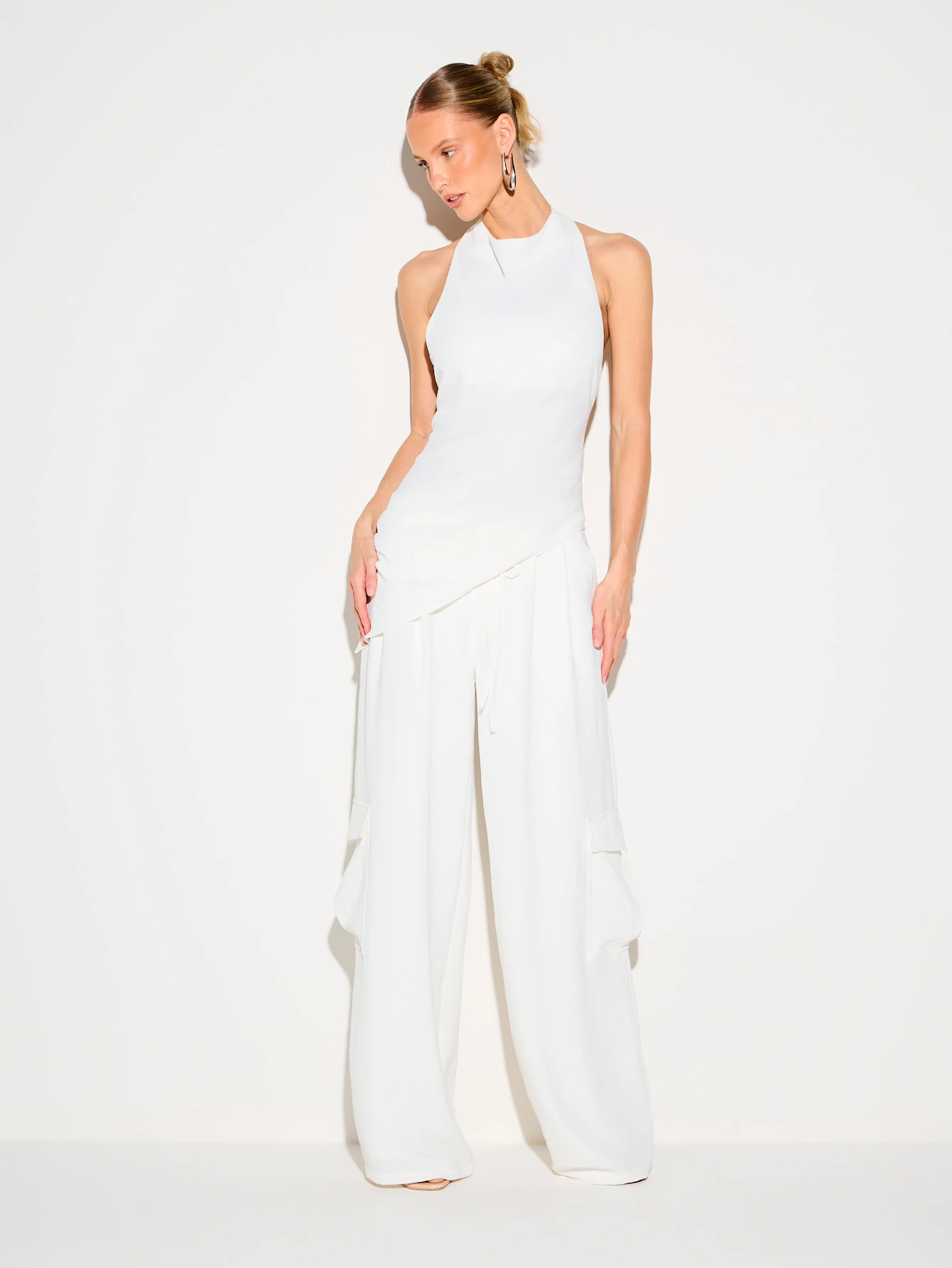 KIZN Calças cargo de perna larga com toque de linho branco