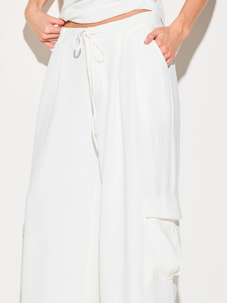 KIZN Women's White High Rise Wide Leg Linen Feel Cargo Trousers With Side Pockets Drawstring Waist Summer Casual Pants Full Length