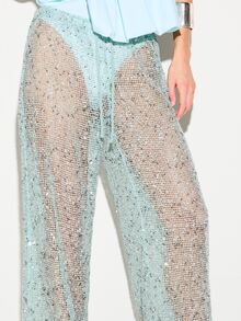 KIZN Quần Palazzo ống rộng đính sequin móc len dành cho nữ, cạp cao, thích hợp cho lễ hội, bãi biển, tiệc tùng, mùa hè, kỳ nghỉ, phong cách boho chic lấp lánh. - Màu xanh lam - Xem 4