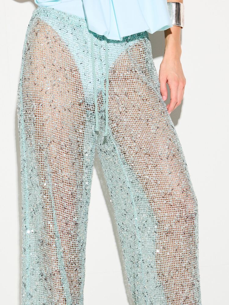 KIZN Pantaloni a palazzo ampi in maglia con paillettes, vita alta, per festival, spiaggia, feste, vacanze estive, stile boho chic e scintillante