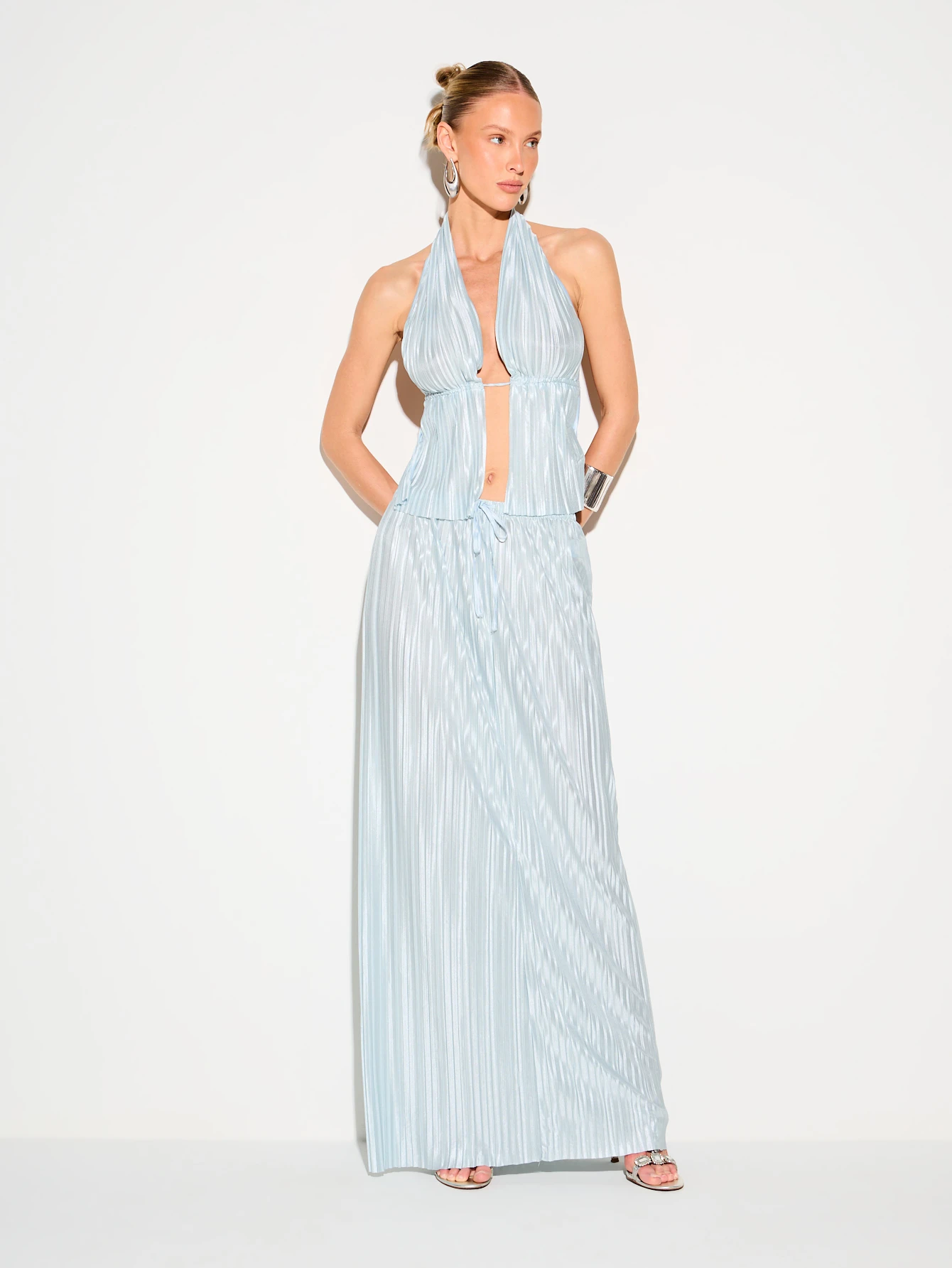 KIZN Plisse Halter Top With Plunge Neckline