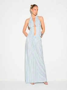 KIZN Women's Plisse Metallic Halter Top With Deep Plunge Neckline And Tie Back Detail For Summer Party Evening Wear - Blue - View 4