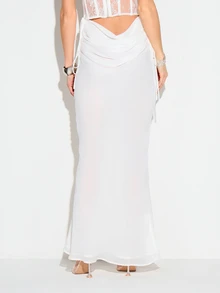 KIZN Women's White Draped Bias Cut Maxi Skirt With Asymmetric Wrap Design And Side Ruching Detail For Spring Summer - White - View 2