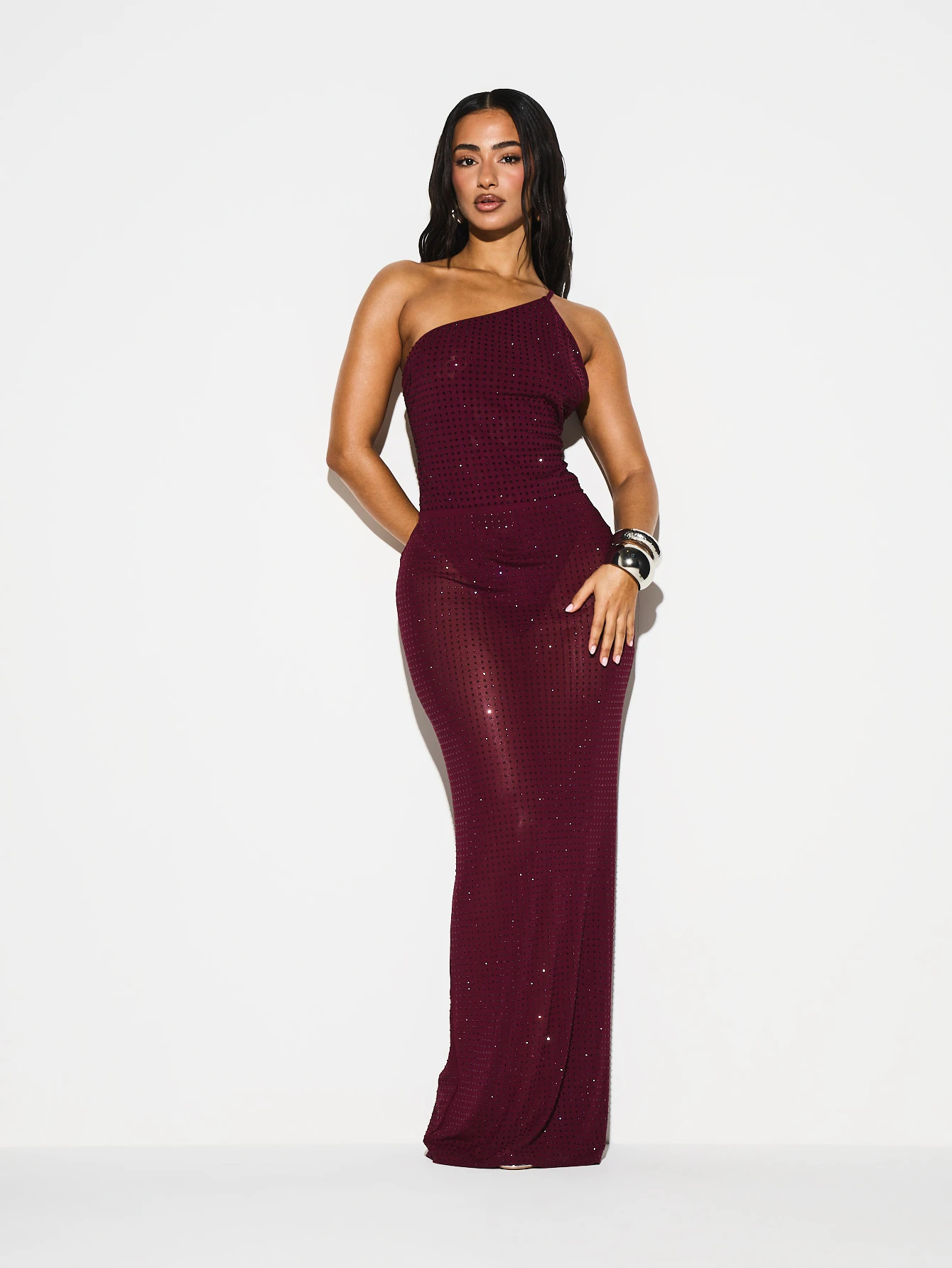 KIZN Sequined Burgundy Bodycon Maxi Skirt With Rhinestones