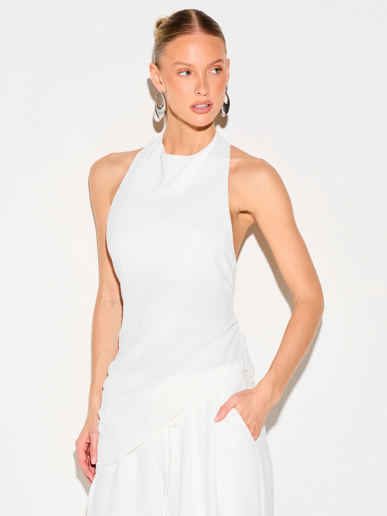 KIZN White Linen Feel Halter Neck Top With Tie Back