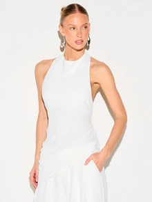 KIZN 女士白色亚麻质感无袖露背吊带上衣，后背系带设计，夏季度假海滩休闲上衣 - 白色 - 查看 1