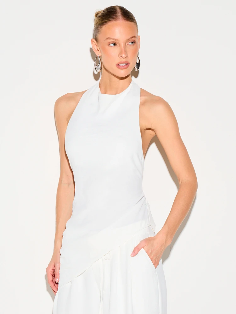 KIZN Top Casual de Verão para Praia e Resort com Decote Halter sem Mangas, Sensação de Linho Branco e Detalhe de Amarração nas Costas
