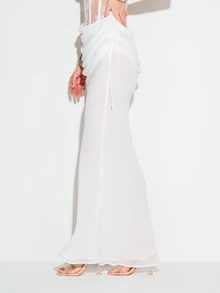 KIZN Women's White Draped Bias Cut Maxi Skirt With Asymmetric Wrap Design And Side Ruching Detail For Spring Summer - White - View 4