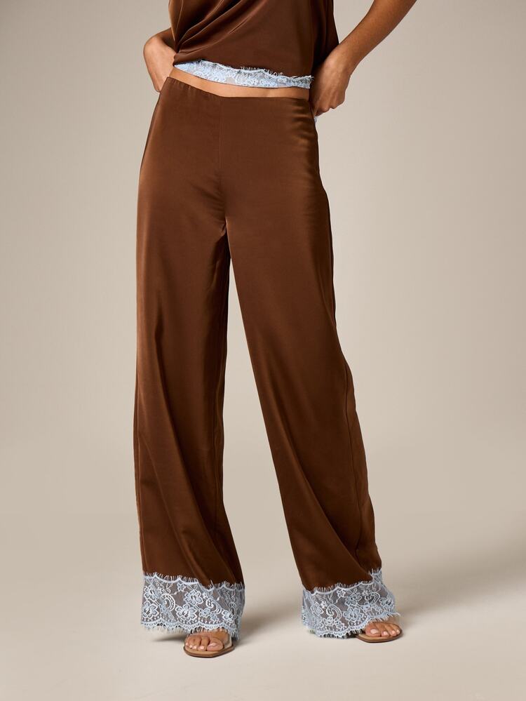 Satin Wide Leg Palazzo Pants With Lace Hem