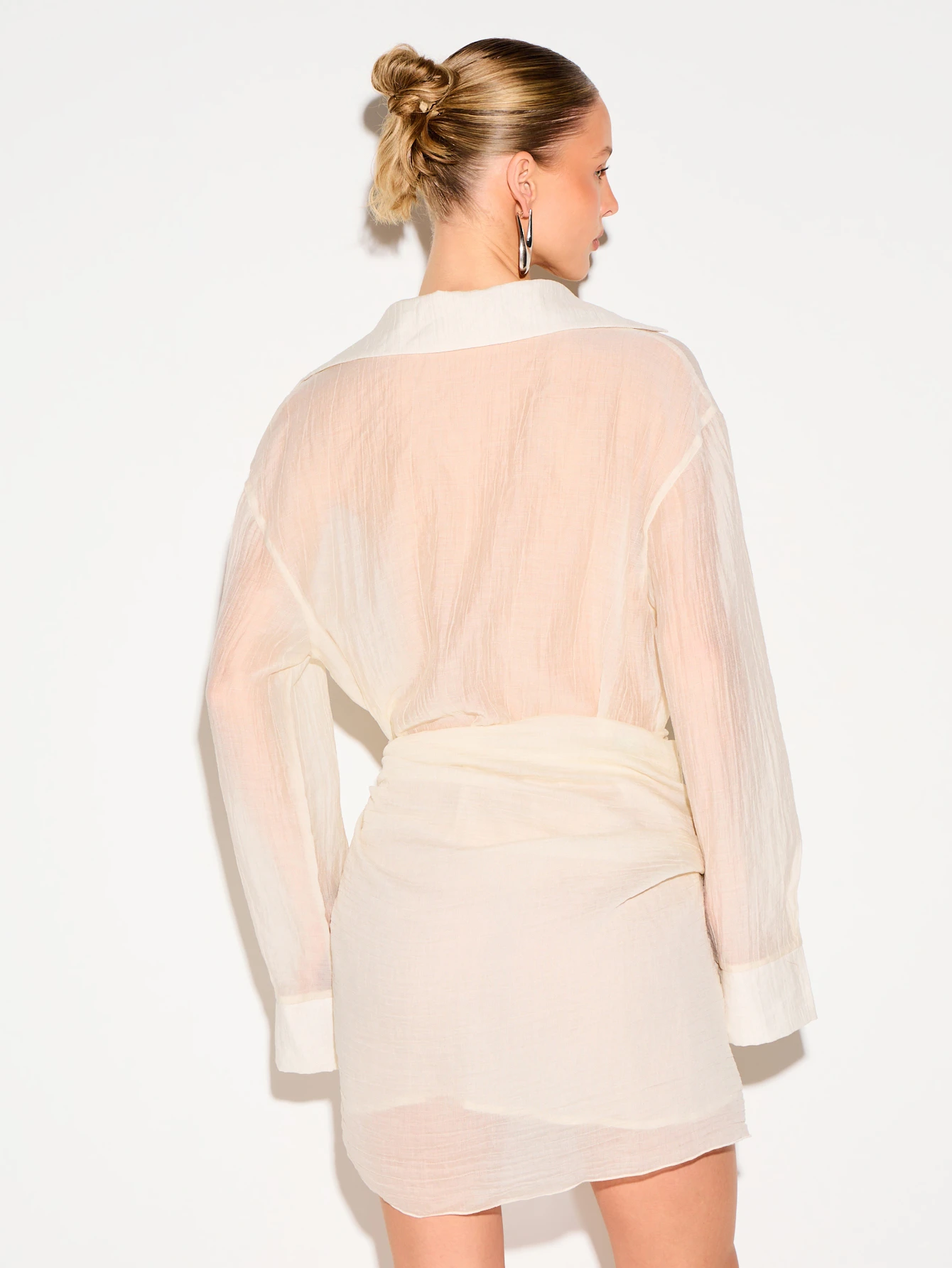 KIZN Cream Linen Feel Button Down Shirt Dress With Tie Waist