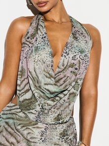 KIZN Women's Mixed Animal Print Cowl Neck Sleeveless Bodycon Maxi Dress With Halter Tie Back Detail For Party Evening Occasions - Multicolor - View 5