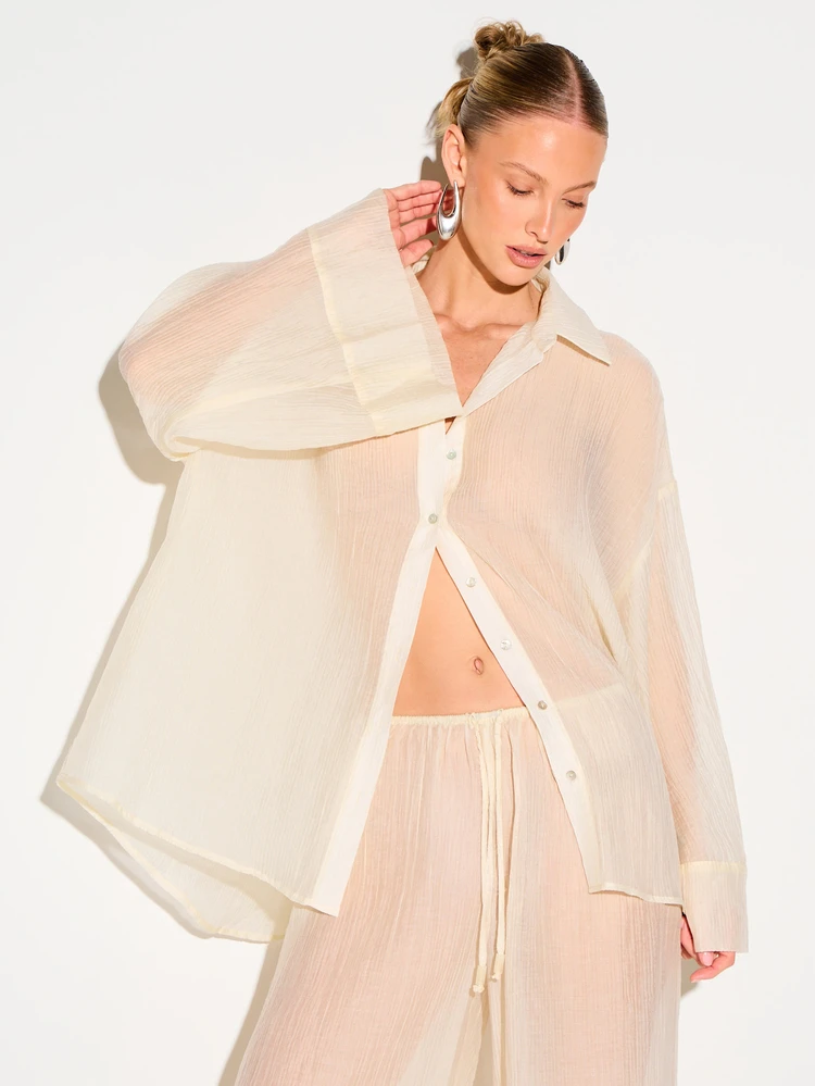 KIZN Women's Wide Long Sleeve Button Down Collared Shirt With Oversized Relaxed Fit And Sheer Crinkled Texture Perfect For Casual Spring Summer Layering
