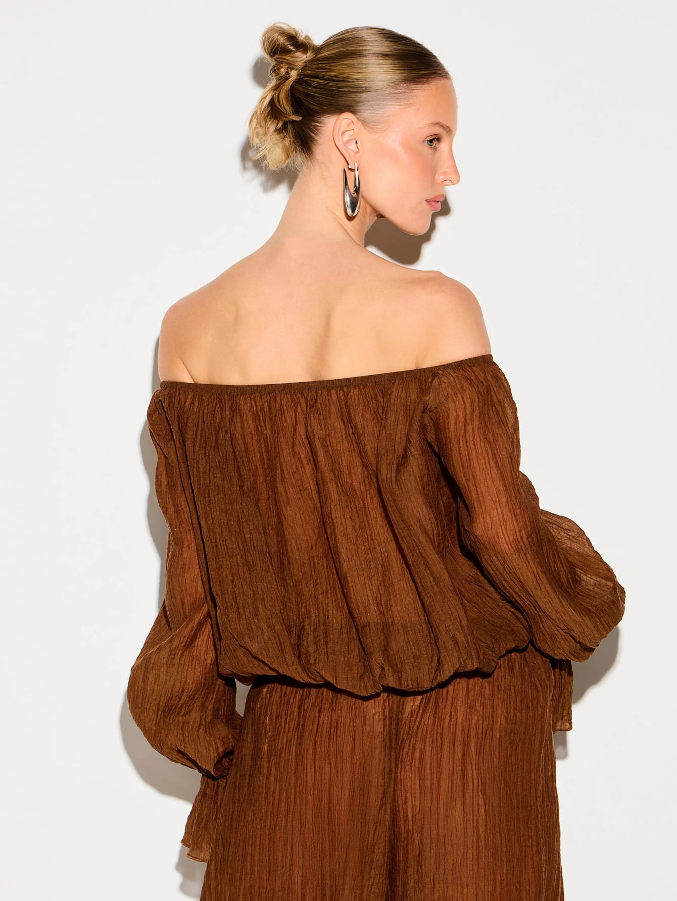 KIZN Off Shoulder Sheer Blouse With Bell Sleeves