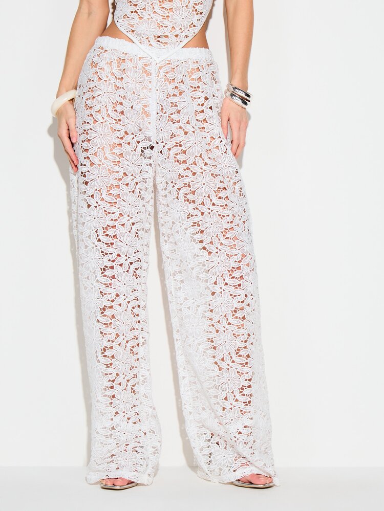 KIZN White Crochet Floral Wide Leg Pants