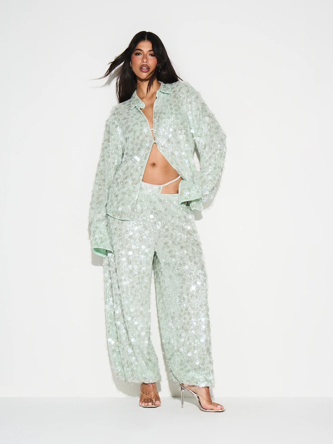 KIZN Sheer Sequin Oversized Button Shirt