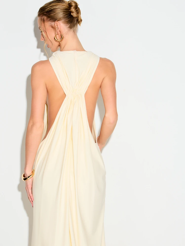 KIZN Women's Cream High Neck Sleeveless Gathered Back Detail Maxi Dress Floor Length Evening Formal Occasion Elegant Minimalist Party Cocktail Dress