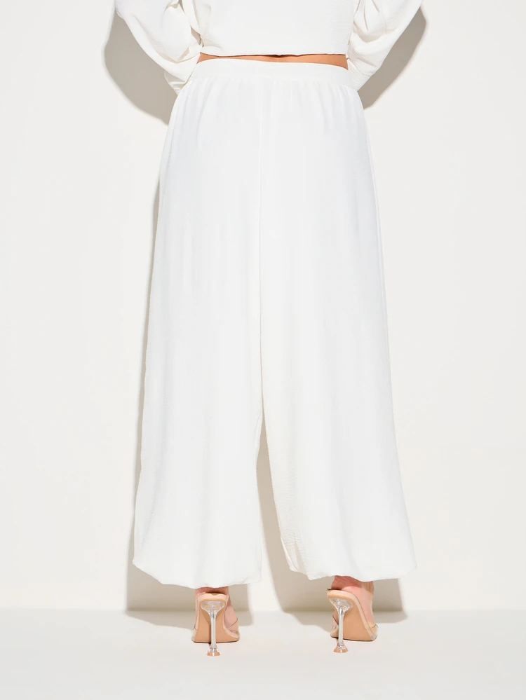 KIZN Women's High Rise White Linen Feel Balloon Palazzo Trousers With Wide Leg Silhouette Summer Casual Pants Flowy Lightweight Beach Vacation Wear
