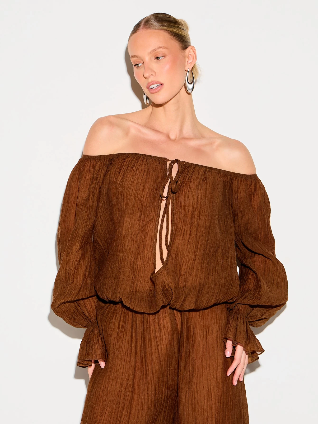KIZN Off Shoulder Sheer Blouse With Bell Sleeves
