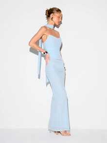 KIZN Đầm maxi cúp ngực màu xanh nhạt với khăn choàng kiểu corset ôm sát cơ thể, thích hợp cho tiệc tối, tiệc cocktail, đám cưới hoặc sự kiện trang trọng. - Màu xanh lam - Xem 4