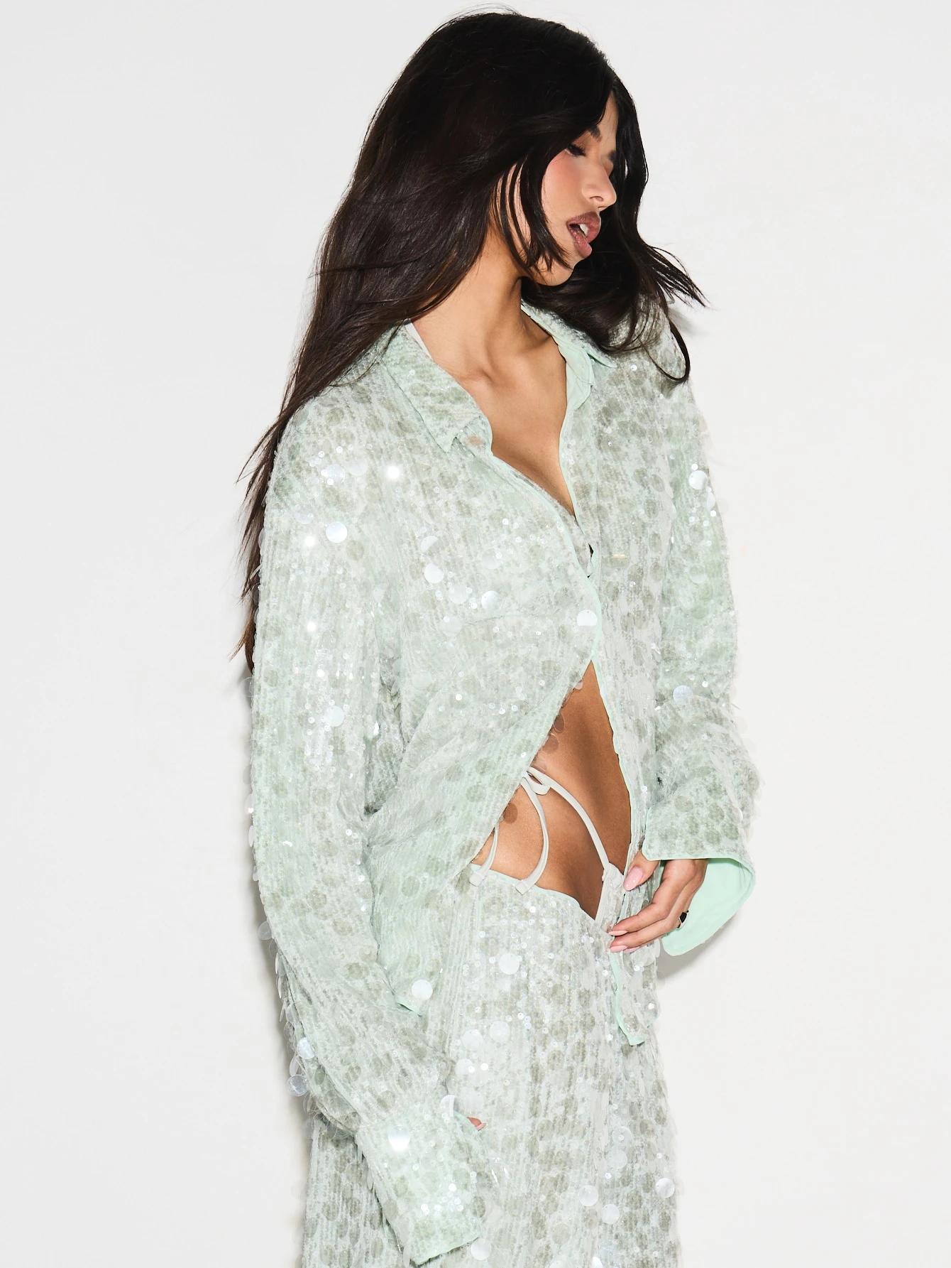 KIZN Sheer Sequin Oversized Button Shirt