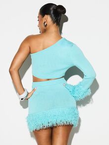 KIZN Turquoise Ribbed Knit Low Rise Mini Skirt With Fringe Hem Detail Bodycon Fit Winter Fall Party Club Casual - Teal Blue - View 5