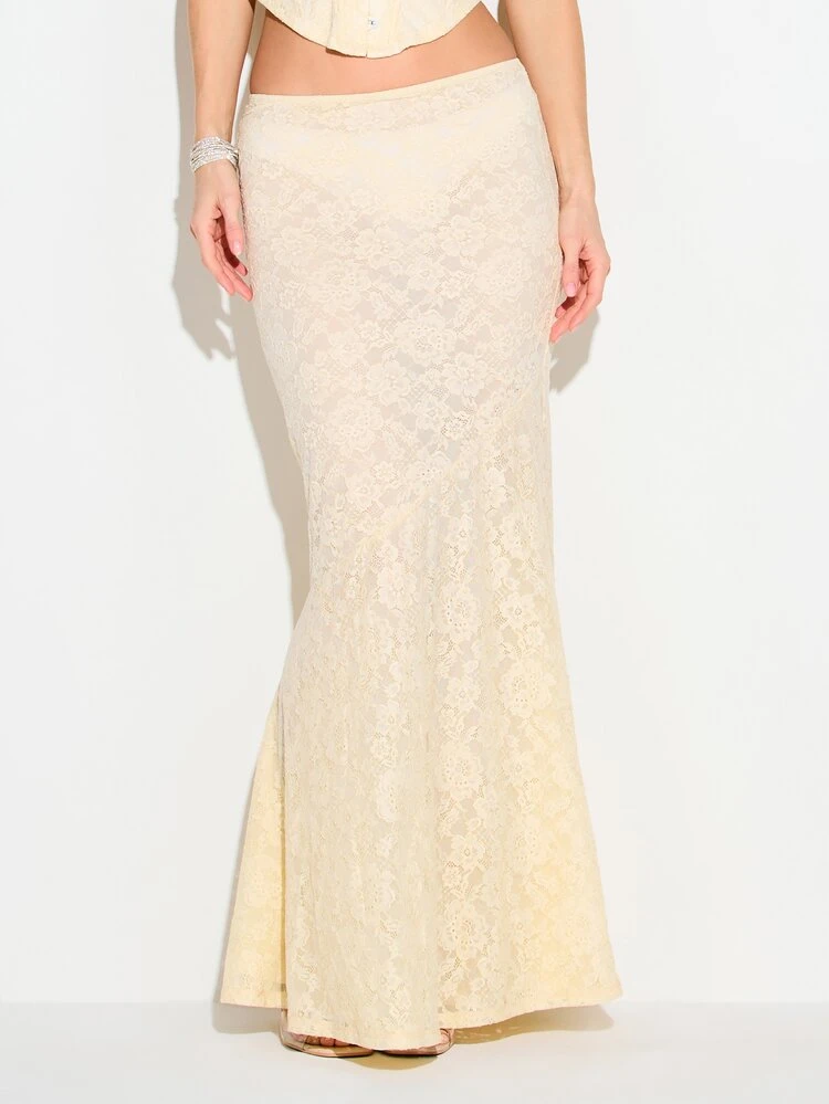 KIZN Women's Elegant Cream Lace Mermaid Maxi Skirt With Dropped Fishtail Hem For Special Occasions Wedding Guest