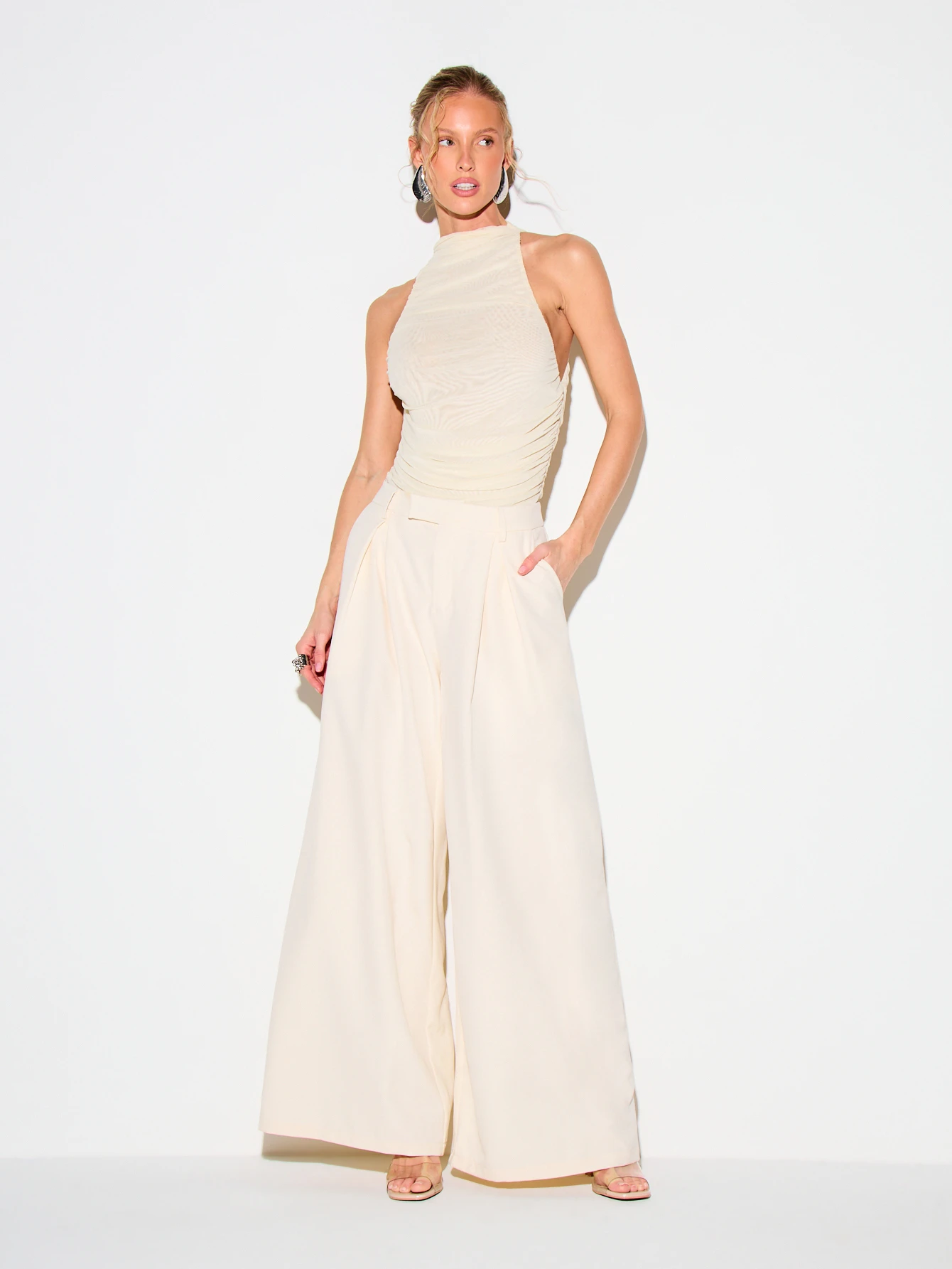 KIZN High Neck Mesh Ruched Bodysuit