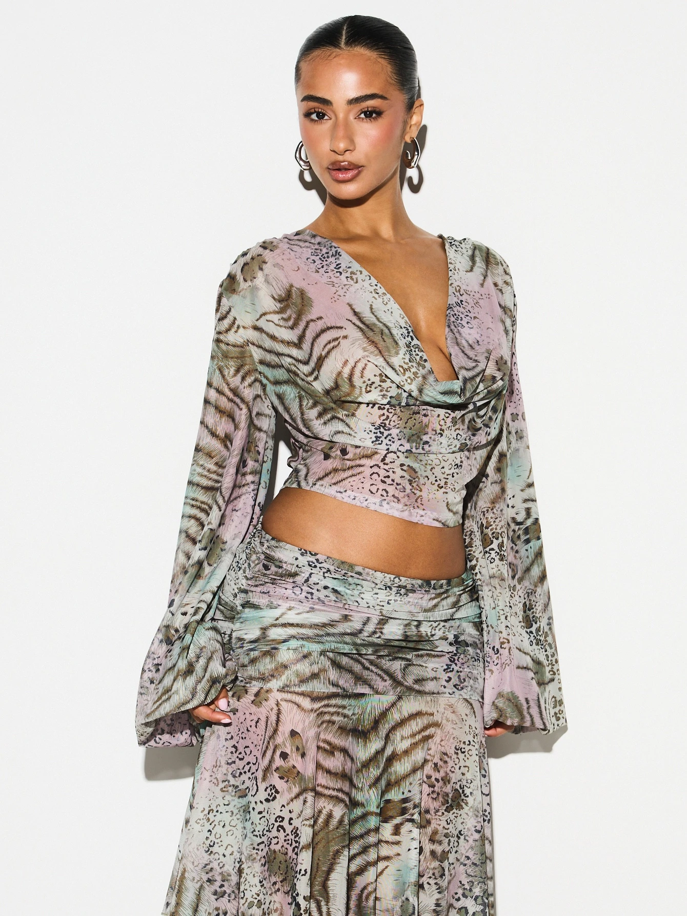 KIZN Mixed Animal Print Cowl Neck Balloon Sleeve Blouse