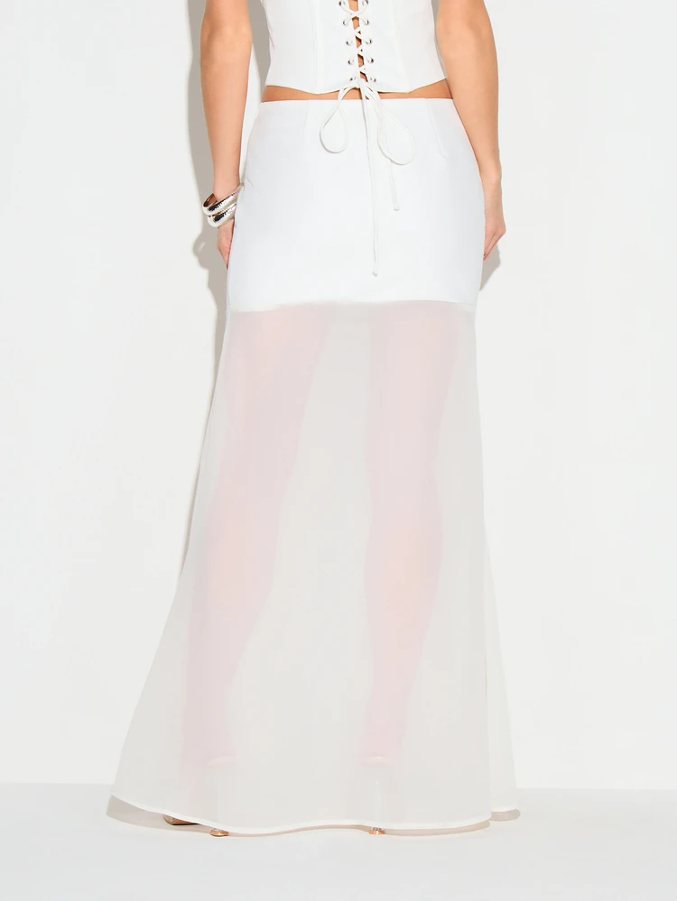 KIZN Women's Low Rise Contrast Hem Maxi Skirt White Long Flowing Summer Beach Resort Casual Vacation Elegant Floor Length Party